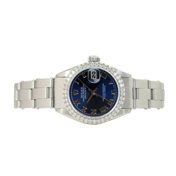 ROLEX DATEJUST BLUE ROMAN DIAL DIAMOND OYSTER STAINLESS STEEL WATCH 26 MM 69174 - Picture 4 of 6